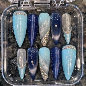 Blue and Silver Glitter Press-On Nails